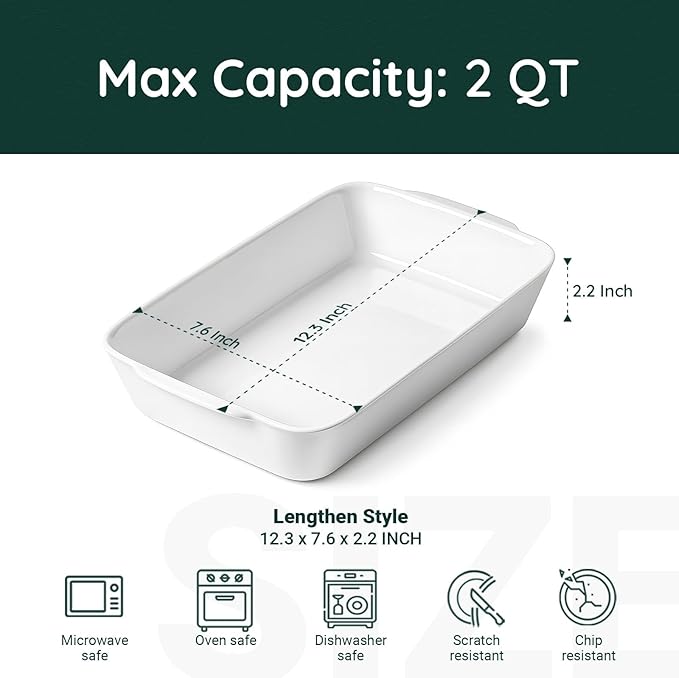 2 QT Small Ceramic Baking Dish, White Casserole Dish with Roasting Racks, Lasagna Pan for Oven, Ceramic Baking Pan, Kitchen Decor, Microwave Oven Safe, Dinner, Wedding（7.6" x 12.3"）
