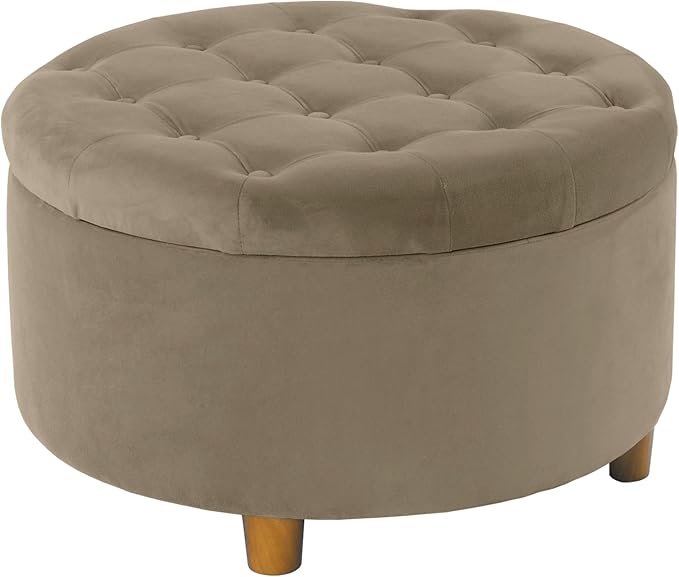 HomePop Home Decor | Button Tufted Velvet Round Storage Ottoman | Ottoman with Storage for Living Room & Bedroom, Fawn Velvet
