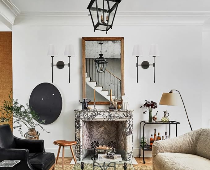 PERMO Classic Rustic Double Sconce 2-Lights Wall Sconce Lighting Fixture with Flared White Textile Lamp Shade and and Black Finished Long Arm,Wall Sconce Light Fixture for Bathroom Bedroom Bedside