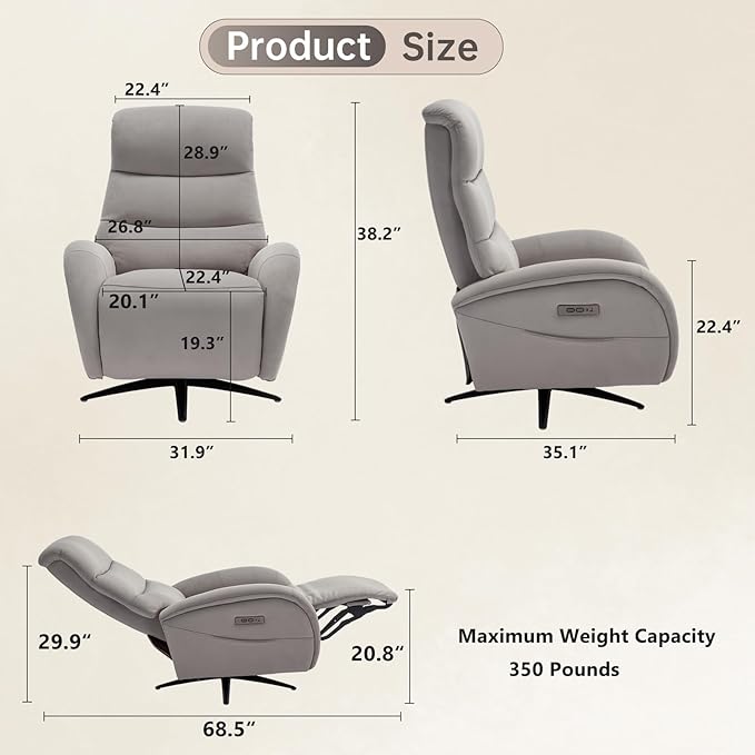 Power Recliner Chairs for Adults, Recliner Swivel Chair with USB & Type-C Ports, Khaki Fabric Recliner Chairs for Adults with 270° Swivel, Oversize Reclining Chair W/ 20.1" Wide Seat