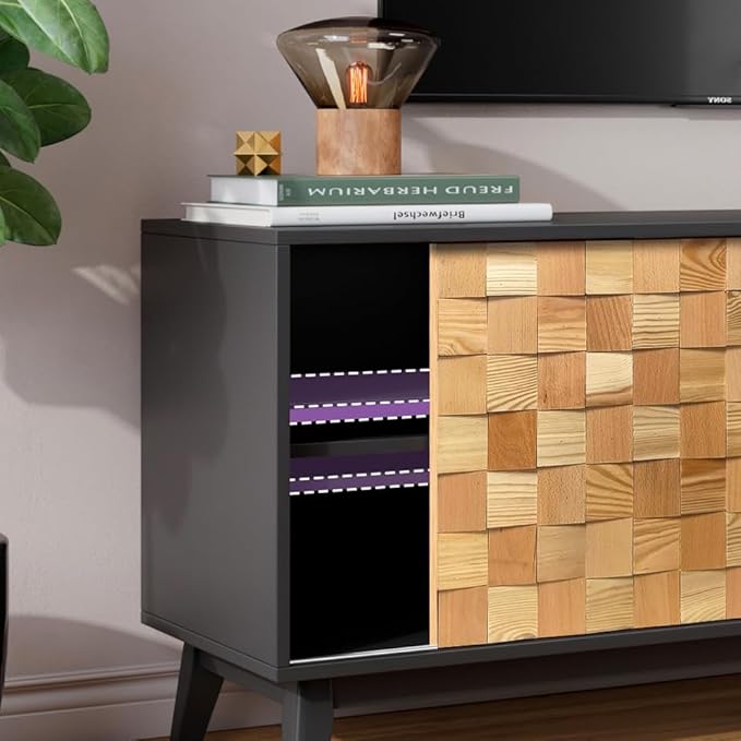 Mid Modern TV Stand with Storage | 55" Wide Walnut Wood Console Cabinet | Entertainment Center w/Adjustable Shelves | Solid Wood Legs | Easy Assembly