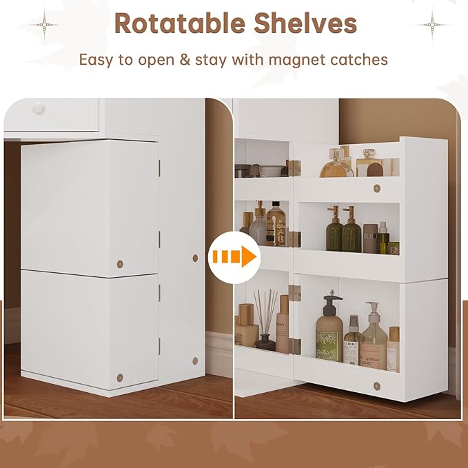 Vanity Desk with Mirror Lights, Storage Bench & Power Outlet, Corner Vanities with Rotating Cabinet & Drawers, 42.5" L Shaped Vanity Set, 3 Light Settings, for Women Girls, Modern White