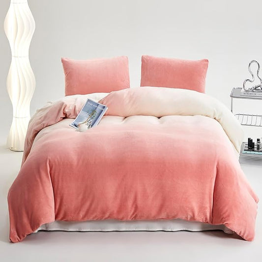 Luxlovery Pink Gradient Velvet Comforter Queen Fluffy Plush Flannel Bedding Set Queen Size Women Girls Pink White Sherpa Micromink Blanket Quilts Warm Rainbow Color Comforter Set