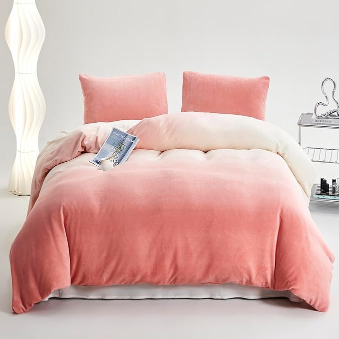 Luxlovery Pink Velvet Comforter Cal King Women Pink White Gradient Fluffy Plush Bedding Set California King Flannel Blush Pink Sherpa Micromink Ink Rainbow Color Winter Quilts Warm Comforter Set