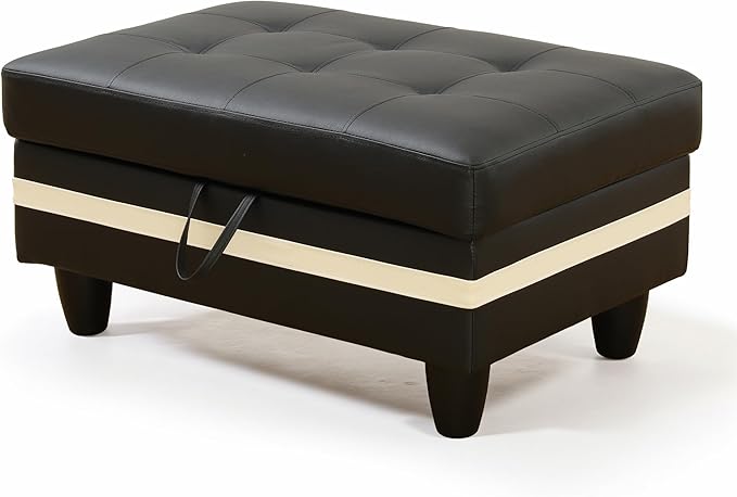 Ottoman Rectangular Storage Ottoman Bench, Faux Leather Footrest, Coffee Table, Stool Footstool with Hinged Lid for Living Room, Bedroom, Entryway, Black with White Strip, 35"x23.5"x17.5"