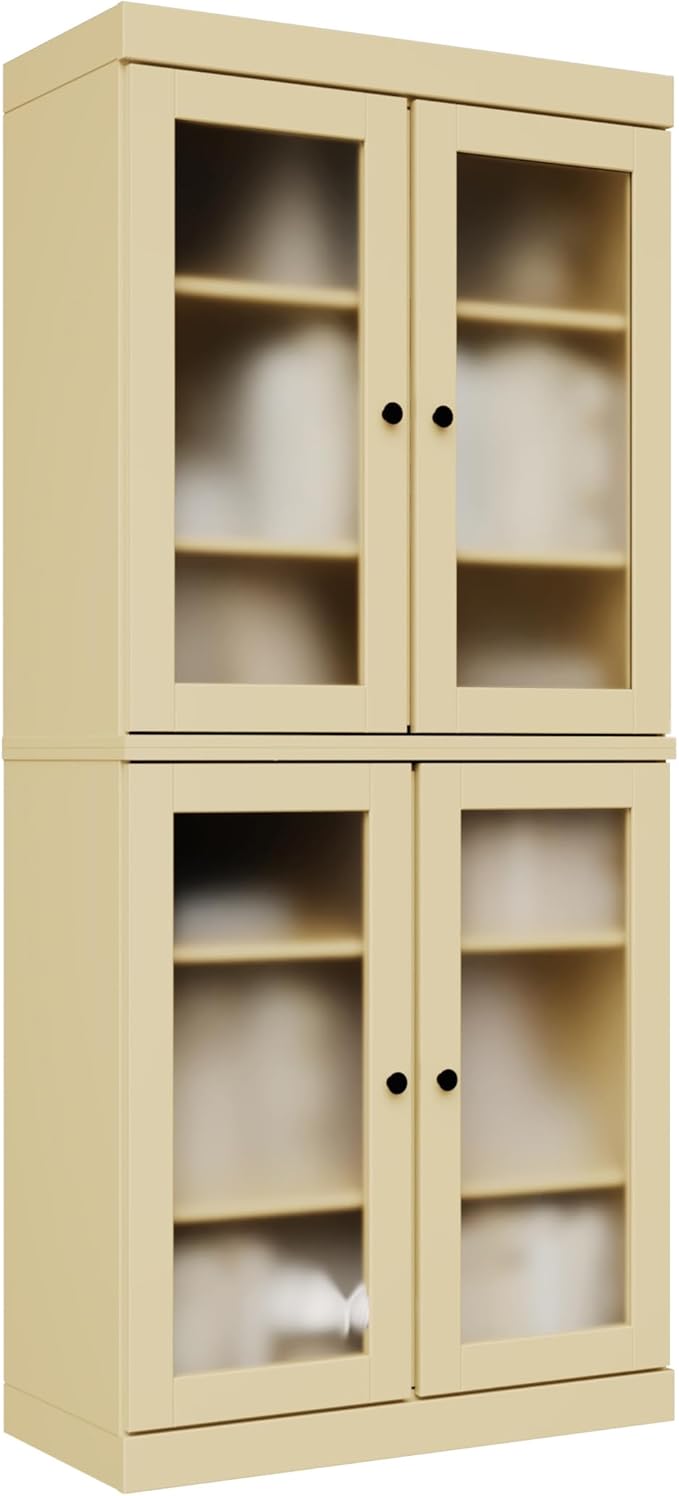 Palace Imports Solid Wood Bookcase w/Frosted Glass Doors & Adjustable Shelves for Living Room - 6-Tier Tall Bookshelf, 71.5" H x 32” W - Yellow, 100% Renewable Eco-Friendly Wood, Made in Brazil