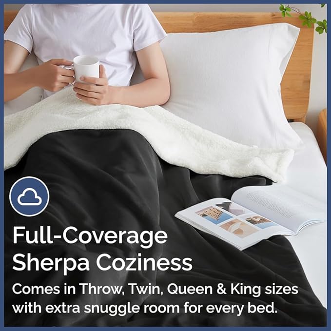 Sherpa Fleece Blanket Queen Size - Reversible Sherpa Fleece Queen Blanket - Super Soft Double Sided for Bed, Sofa, Couch - Thick, Warm, Fuzzy & Plush - Luxurious Bedding for Winter - Black, 90" x 90"