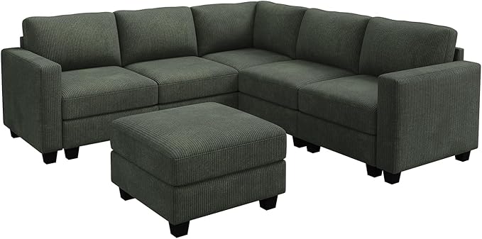 HONBAY Corduroy Modular Sectional Couch with Storage L-Shaped Sectional Couches for Living Room 6 Seater Modular Sofa, Green