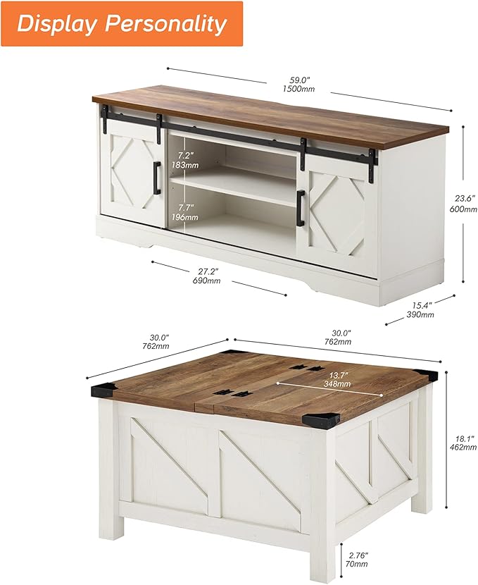 WAMPAT Farmhouse 65 in TV Stand and Coffee Table Set, Entertainment Center for TVs Up to 65", 30" Square Wood Center Table with Gas Spring Flip-Top for Living Room,Antique White