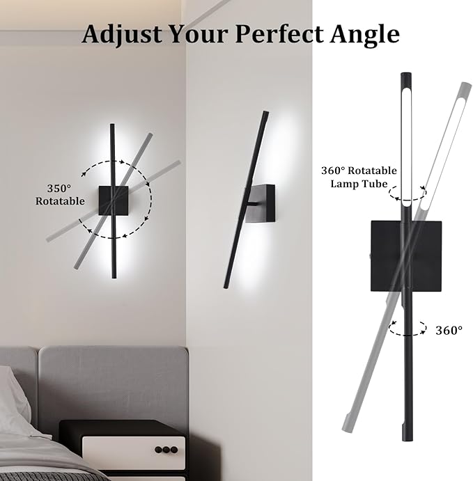 Battery Operated Wall Sconce Set of 2, 8000mAh Wireless Wall Sconces, 3000K-6000K Dimmable, 350°Rotate, Indoor Wall Lights with Remote for Bedroom Living Room Bathroom, Black, 23.6 Inch