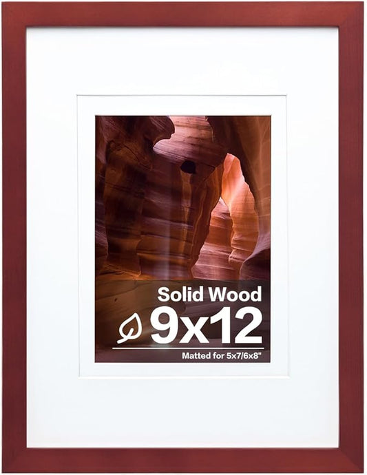 Egofine 9x12 Picture Frame Made of Solid Wood Covered by Plexiglass, Wood Frame for Pictures 5x7/6x8 with Mat or 9x12 without Mat, Tabletop and Wall Mounting Display, Dark Red
