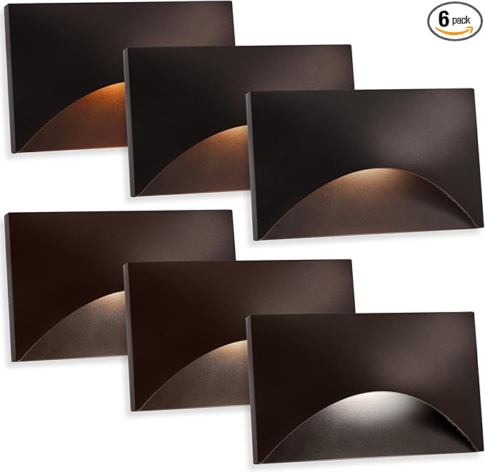 Energetic 5CCT 120V LED Indoor Outdoor Step Lights, 2700K/3000K/3500K/4000K/5000K Stair Lighting, 3W Dimmable LED Lights for Step Stair, CRI90, ETL Listed, IP65 Waterproof, Aluminum, Bronze, Pack of 6