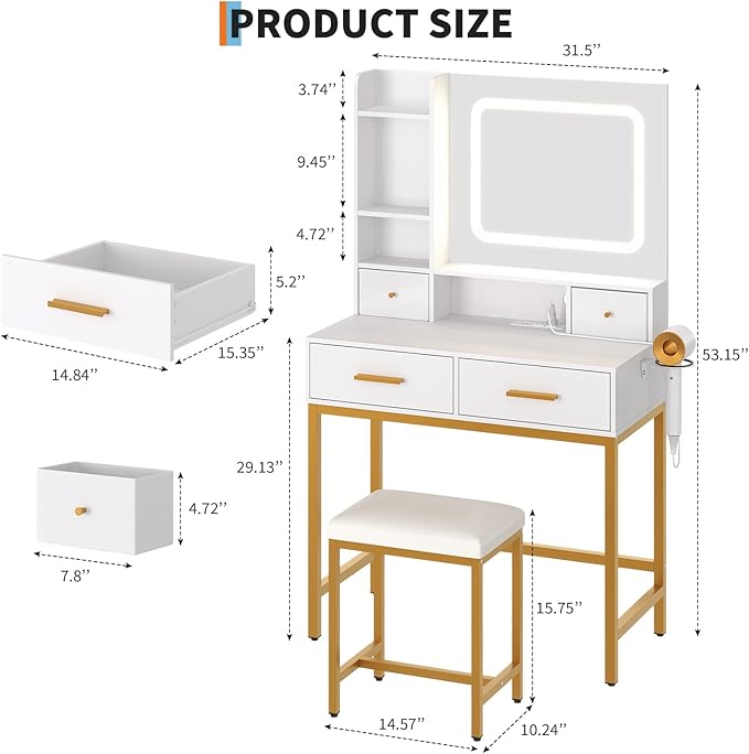 Garvee Vanity Desk, Makeup Vanity Desk with Mirror and Lights 3 Colors, Dressing Table with Chair, Makeup Table Set with 4 Drawers, Power Outlet & Storage Shelves, for Bedroom (White)
