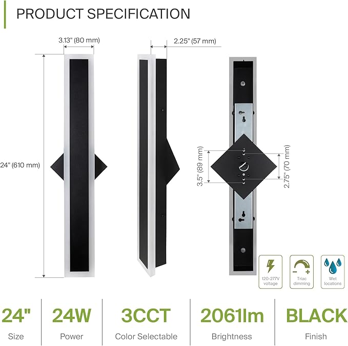 ASD LED 24" Long Wall Mount Light Fixture, Outdoor & Indoor Linear Sconce | 3CCT, Dimmable, Waterproof, Anti-Rust, ETL Listed | 24W 2000LM 3000-5000K 100-277V | Exterior Porch Lighting | Black