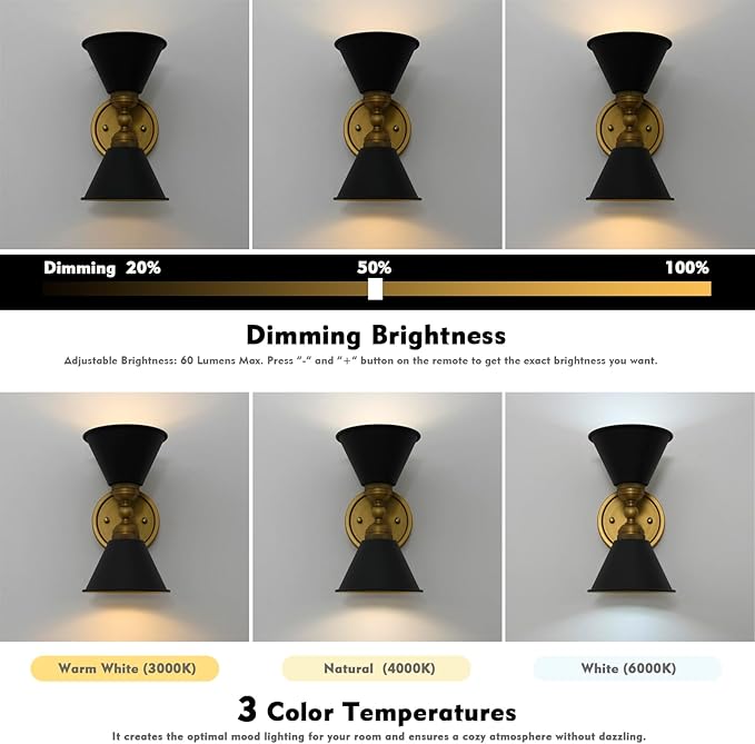 HEQIQEH Set of 2 Vintage Battery Operated 2-Lights Wall Sconces, Indoor Up and Down Wall Light Fixtures with Remote Control, Dimmable Cordless Wall Lamps for Hallway, Living Room, Stairs