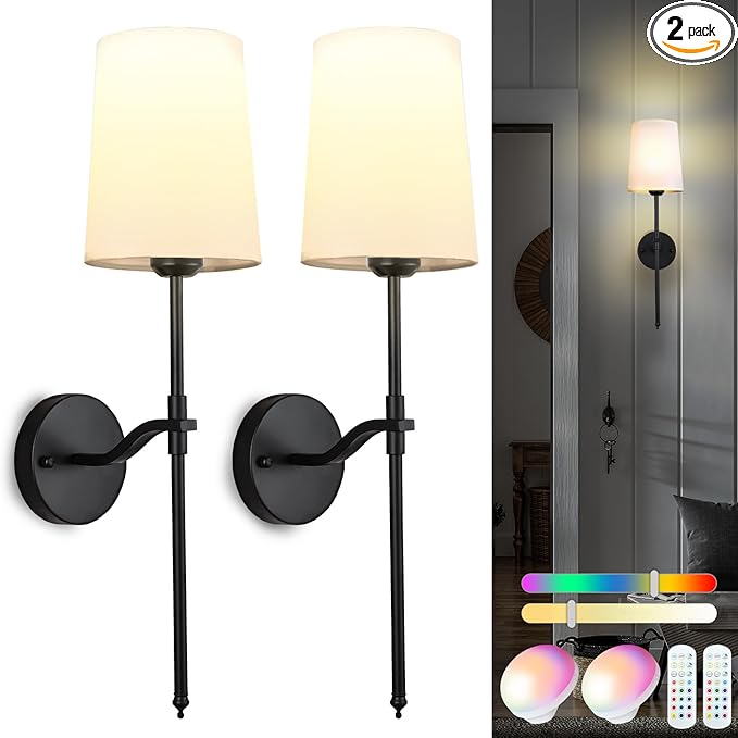 Wall Lights Battery Operated Wall Sconces Set of 2, Black Rechargeable Wall Sconce with 15 RGB Dimmable Detachable Bulbs and Remote, Wireless Battery Powered Wall Lamp for Living Room Bedroom