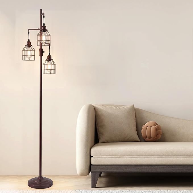 9MMML Floor Lamp for Living Room, Farmhouse Industrial Dimmable Floor lamp, 3 Lights Metal Cage Tree Standing Lamp,68", 3Pcs LED Bulbs Included
