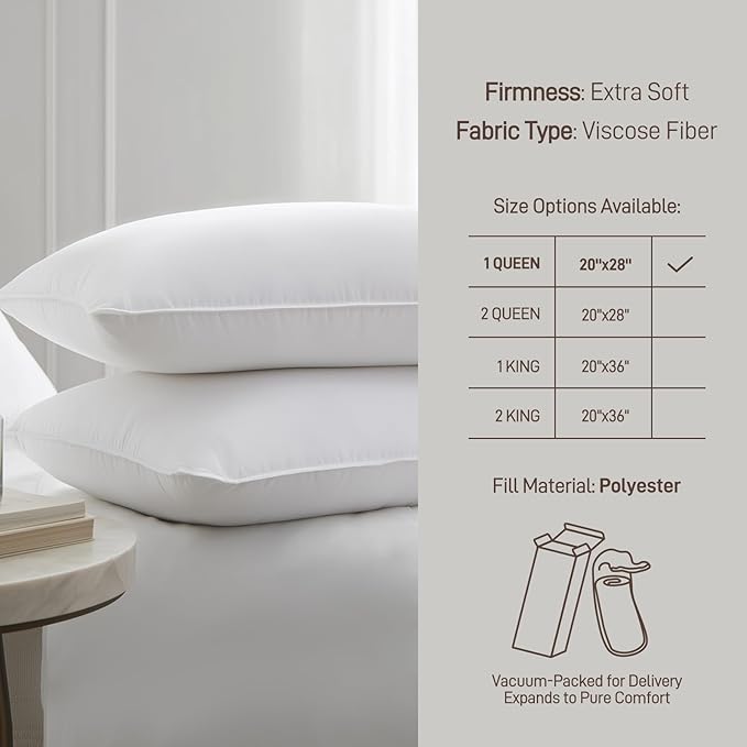 Hypoallergenic Bamboo Viscose Shell, Soft Standard/Queen Size Bed Pillow with Down Alternative Filling, Oeko-Tex Certified, Luxury Hotel Quality for Back, Stomach and Side Sleepers