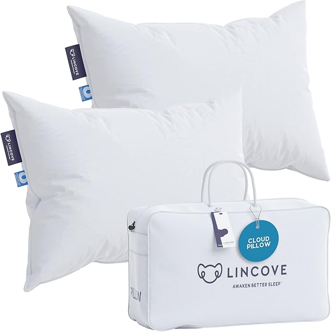 Lincove Cloud Natural Canadian Down Pillow, White Luxury Sleeping Pillow - 625 Fill Power, 500 Thread Count Cotton Shell, Made in Canada, Standard - Firm, 2 Pack