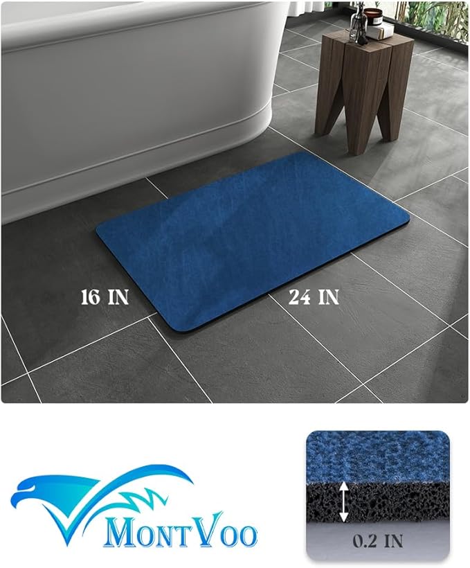 MontVoo -Bath Mat Rug-Rubber Backing Non Slip Quick Dry Absorbent Thin Bathroom Rugs Fit Under Door-Faux Suede Surface Bathroom Floor Mats-Shower Rug for in Front of Bathtub Shower Royal Blue 16"x24"