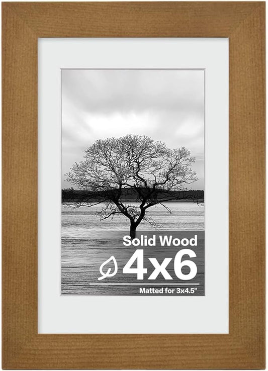 Egofine 4x6 Picture Frame Made of Solid Wood with Plexiglass, Display Pictures 3.5x5 with Mat or 4x6 Without Mat, for Tabletop and Wall Mounting Photo Frame, Light Brown