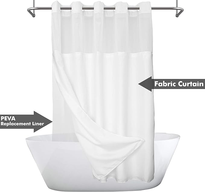 Extra Long No Hook Slub Textured Shower Curtain with Snap-in PEVA Liner Set - 71" x 98"(96"), Hotel Style with See Through Top Window, Fabric Curtain & Waterproof Liner, White, 71x98