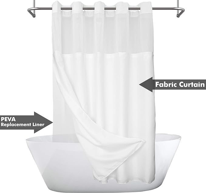 Long No Hook Slub Textured Shower Curtain with Snap-in PEVA Liner Set - 71" x 77"(75"), Hotel Style with See Through Top Window, Fabric Curtain & Waterproof Liner, White, 71x77