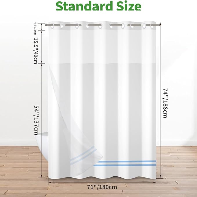 No Hook Shower Curtain with Snap in Liner, White and Blue Striped Heavy Duty See Through Window Waterproof Machine Washable Bathroom Curtain 71" W x 74" L (Pack of 1)