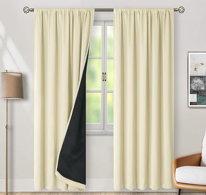 BGment Cream Thermal Insulated 100% Blackout Curtains 95 Inches Long with Liner, Rod Pocket and Back Tab Room Darkening Double Layer Noise Cancelling Curtains for Bedroom (52 x 95 Inch, 2 Panels)