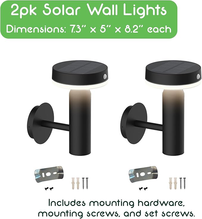 Round Solar Wall Lights - Solar Powered Wall Lamps - LED Lights - PIR Sensor & Two Lighting Modes - Rechargeable Battery - 3000K, 1.3W Solar Panel & 3.7V - IP44 Weather Resistant - 2 Pack