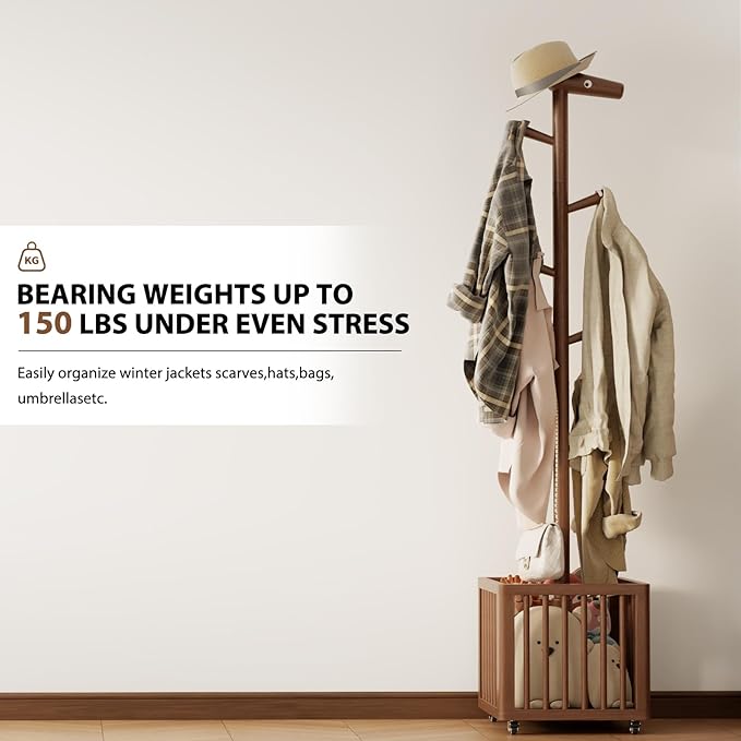 Coat tree freestanding heavy duty，Wooden coat rack freestanding for Entrance, Bedroom, Living room(Walnut)