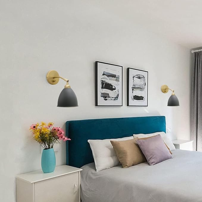 Yosoan Vintage Wall Sconce Bookcase Light, 2-Pack Dimmable On Off Switch Industrial Mount Metal Fixture Lighting with 6.1" Oval Black Metal Shade in-Build Gold and Antique Canopy Reading Lamp