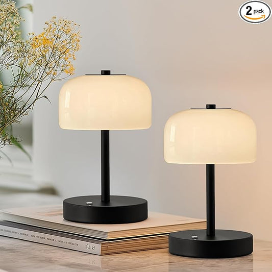 Oneach 2 Pack Cordless Table Lamps, 9" Portable Rechargeable Battery Powered Desk Lamp, Opal Glass Shade, 3 Level Brightness Dimmable, Mushroom Table Lamps for Bedroom, Living Room, Outdoor, Black