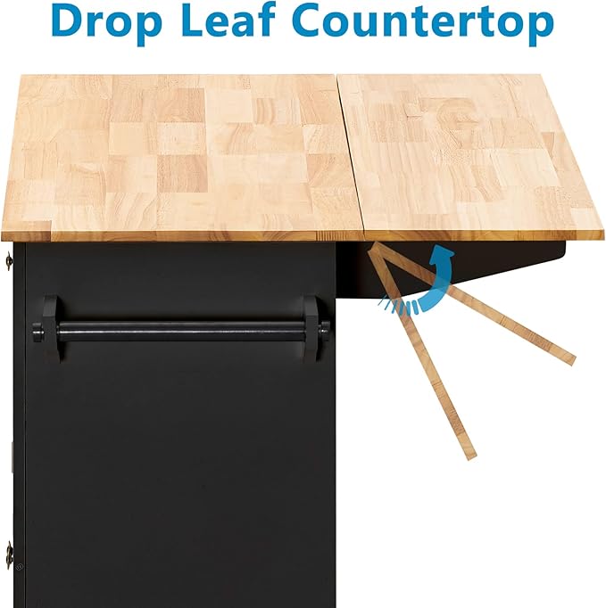 Rolling Kitchen Island with Drop Leaf – Movable Kitchen Carts on Wheels Island with Storage Cabinet, Island Table for Kitchen with Rubber Wood Top and Rack and Drawer, Matte, Black