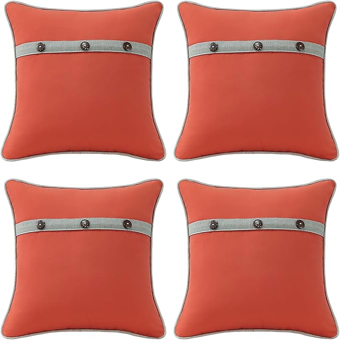 Outdoor Sunbrella Decorative Pillows with Triple Coconut Buttons Pack of 4, 18" x 18" Outdoor Pillow Set for Couch Bed Throw Patio Sofa, Canvas Melon/Cast Ash