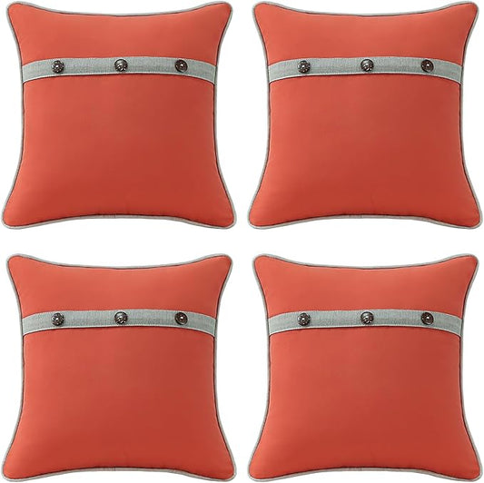 Outdoor Sunbrella Decorative Pillows with Triple Coconut Buttons Pack of 4, 18" x 18" Outdoor Pillow Set for Couch Bed Throw Patio Sofa, Canvas Melon/Cast Ash