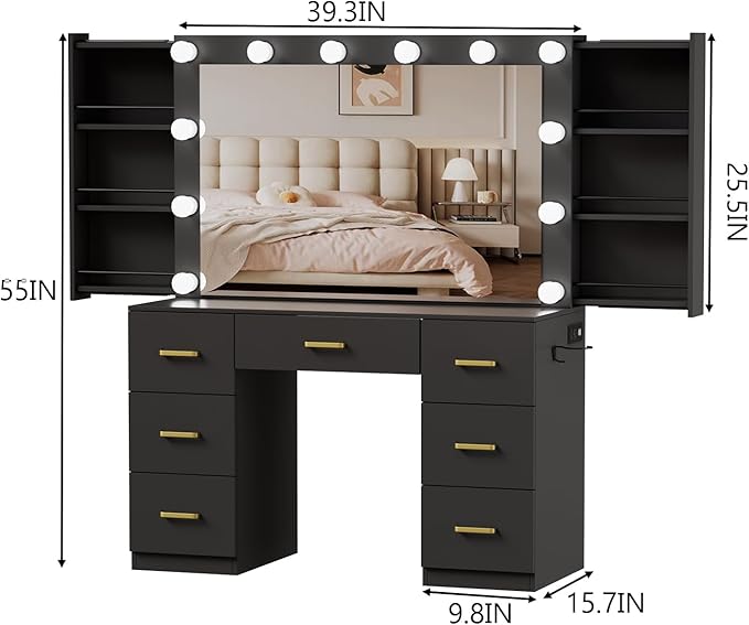 Black Makeup Vanity Desk with Lighted Mirror & Power Outlet,3 Color Modes, Brightness Adjustable,Vanity Table with Drawer,Sliding 2 Storage Wall-Mounted Jewelry,4 Shelves for Bedroom