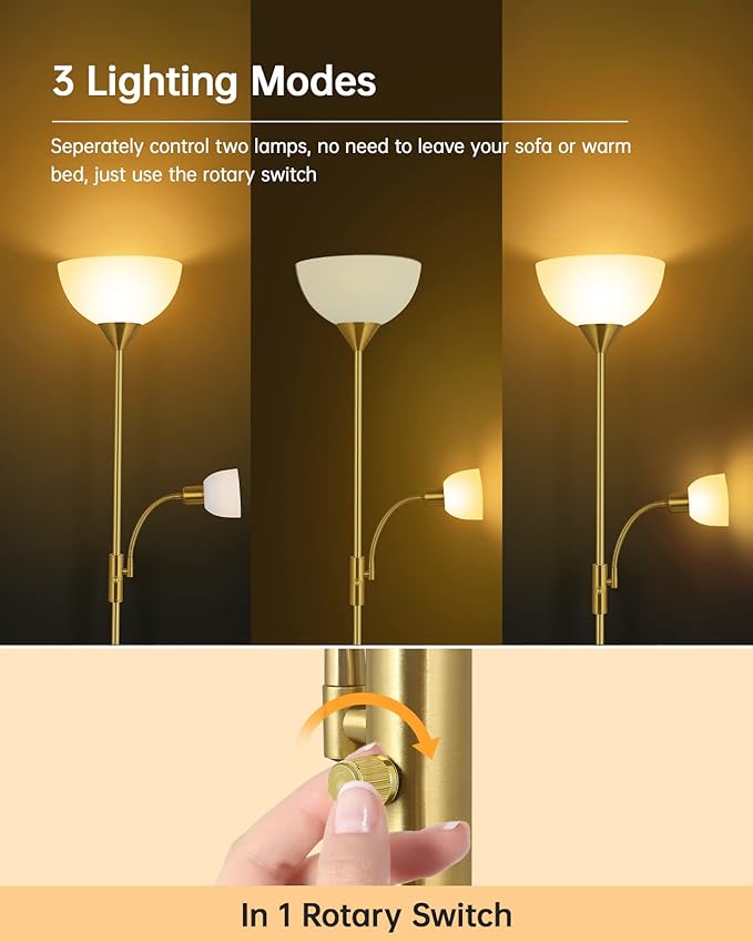 Torchiere Floor Lamps, LED Standing Lamp, 71" Tall Torch Floor Lamps with Reading Light, 3 Way Rotary Switch, White Plastic Shade,Bright Gold Modern Corner Lamp for Living Room Bedroom Office(No Bulb)