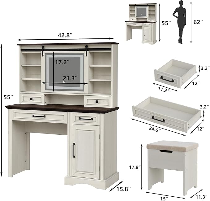 Farmhouse Makeup Vanity Desk with Sliding Mirror, Large Vanity Set with 3 Brightness Lights, Ample Storage, Antique White