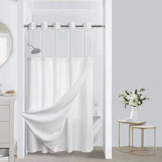 No Hooks Required Waffle Weave Shower Curtain with Snap in Liner-Hotel Grade Waterproof & Mesh Top Window Spa Like Small Stall Bath Curtain Machine Washable Heavy Duty 54Wx80L White
