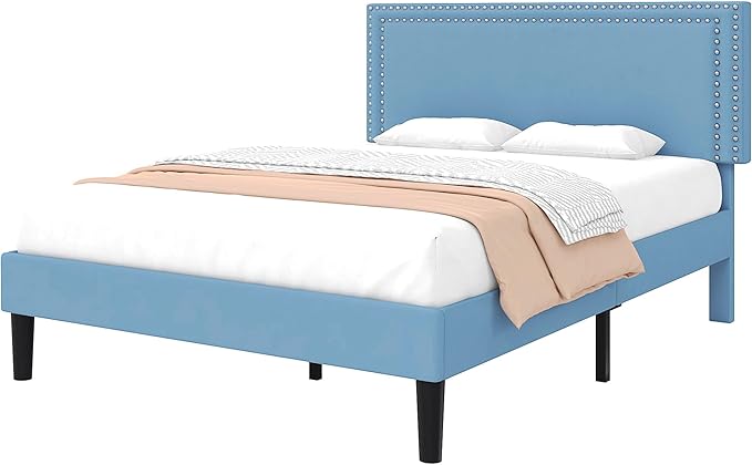 VECELO Queen Size Bed Frame with Adjustable Upholstered Headboard, Wooden Slats Platform, Noise-Free Design, Easy Assembly