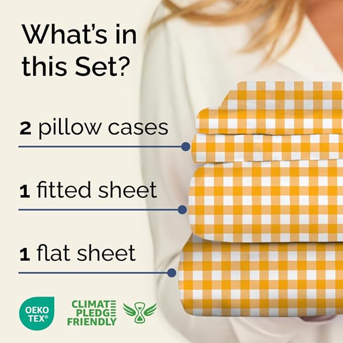 Yellow Gingham Sheets - 1 Flat & 1 Fitted Sheet & 2 Pillowcases w/ Deep Pockets - Grid, Plaid, Checkered Pattern Bed Set - Comfy, Wrinkle & Fade Resistant - Ultra-Soft, Breathable & Cooling -Full Size