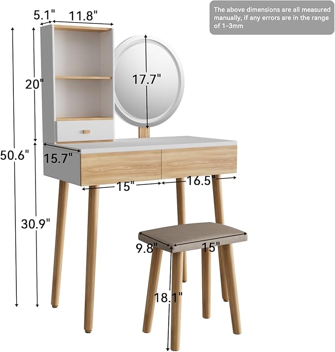 YOURLITE Makeup Vanity Desk with Lights,Small Vanity with Adjustable Brightness Mirror for Samll Spaces,Vanity Desk with Drawers and Storage Shelves