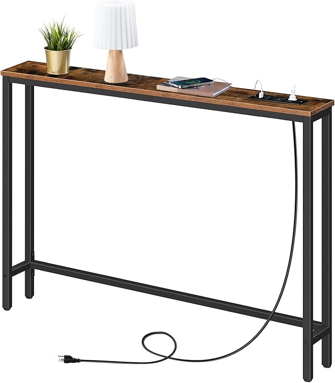 HOOBRO 39.4" Skinny Console Table with Power Outlet, 5.9" Behind Couch Table with Charging Station, Narrow Sofa Table, Long and Thin Table for Entryway, Living Room, Rustic Brown BF51UXG01