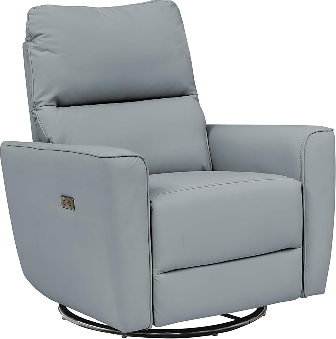GarveeHome Power Recliner Chair Swivel Glider Upholstered Faux Leather Nursery Rocker Reclining Sofa Chair with Charging Port, Curved Armrests & Padded Backrest (Light Gray)