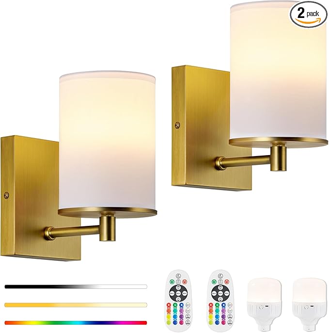 TERLEENART Battery Operated Wall Sconce Set of Two,13 RGB Colors Dimmable Rechargeable Wall Sconces with Remote Control,Wall Lights with Cylinder White Fabric Shade for Bedroom Living Room