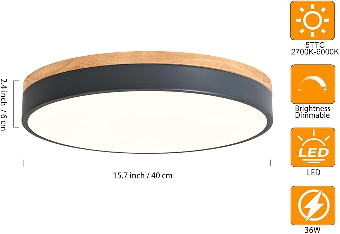 Dimmable Wood LED Flush Mount Ceiling Light, 5CCT 2700K-6000K Selectable Modern Round Close to Ceiling Lighting Fixtures, Minimalist Grey Ceiling Lamp for Living Room, Bedroom, Laundry Room