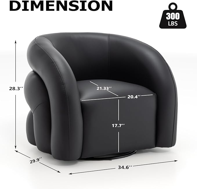 34.6" W Swivel Accent Chair, Modern Round Faux Leather Armchair for Living Room,Upholstered Comfy Sofa Chairs for Bedroom Reading Apartment Lounge,Fully Assembled(Black)
