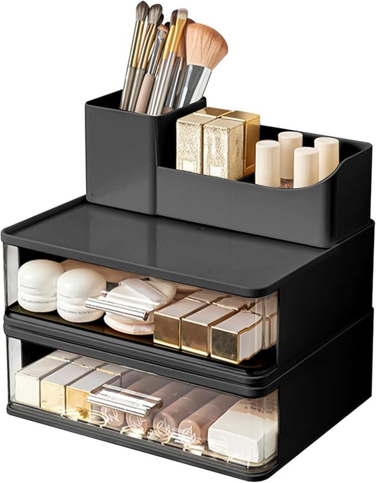 DASITON Makeup Organizer for Vanity with 2 Drawers, Stackable Cosmetic Organizer with Makeup Brush Holder, Plastic Bathroom Organizer Skincare Storage for Brushes, Eyeshadow, Lotions, Lipstick (Black)