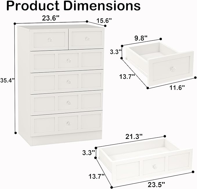 6 Drawer Dresser for Bedroom: 24" Fluted White Dresser Deep Drawers, Modern Chest of Drawers for Bedroom, Fluted Wood Dressers for Living Room, Hallway
